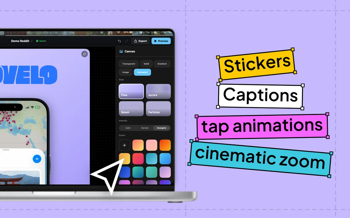 Dummo · stickers, captions, tap animations, cinematic zoom